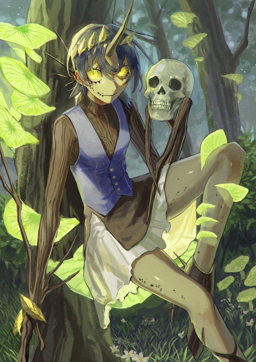 1girl black_hair blue_vest branch colored_sclera colored_tongue forest full_body green_eyes green_tongue grey_sclera high_heels highres holding holding_skull horns looking_at_viewer momomo_906 monster_girl mushroom nature original outdoors plant_girl short_hair single_horn sitting skirt skull solo vest white_skirt