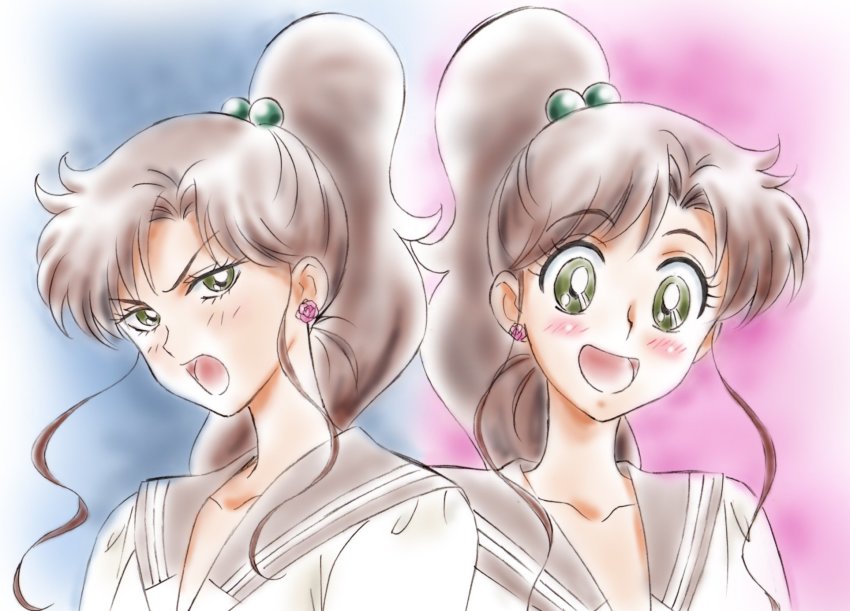1girl bishoujo_senshi_sailor_moon blush brown_hair earrings green_eyes highres jewelry kagawa_hisashi kino_makoto long_hair multiple_views open_mouth ponytail school_uniform serafuku serious smile tagme upper_body