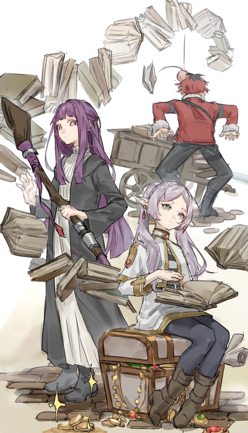 1boy 2girls black_coat black_footwear black_pants black_pantyhose book boots brown_footwear capelet coat coin commentary earrings elf expressionless fern_(sousou_no_frieren) frieren gold_coin green_eyes grey_hair head_bump highres holding holding_staff jewelry kiiro_ryo long_hair long_sleeves mage_staff multiple_girls open_book pants pantyhose pointy_ears purple_hair red_hair shirt smile sousou_no_frieren sparkle staff stark_(sousou_no_frieren) striped_clothes striped_shirt symbol-only_commentary treasure treasure_chest twintails wagon white_capelet