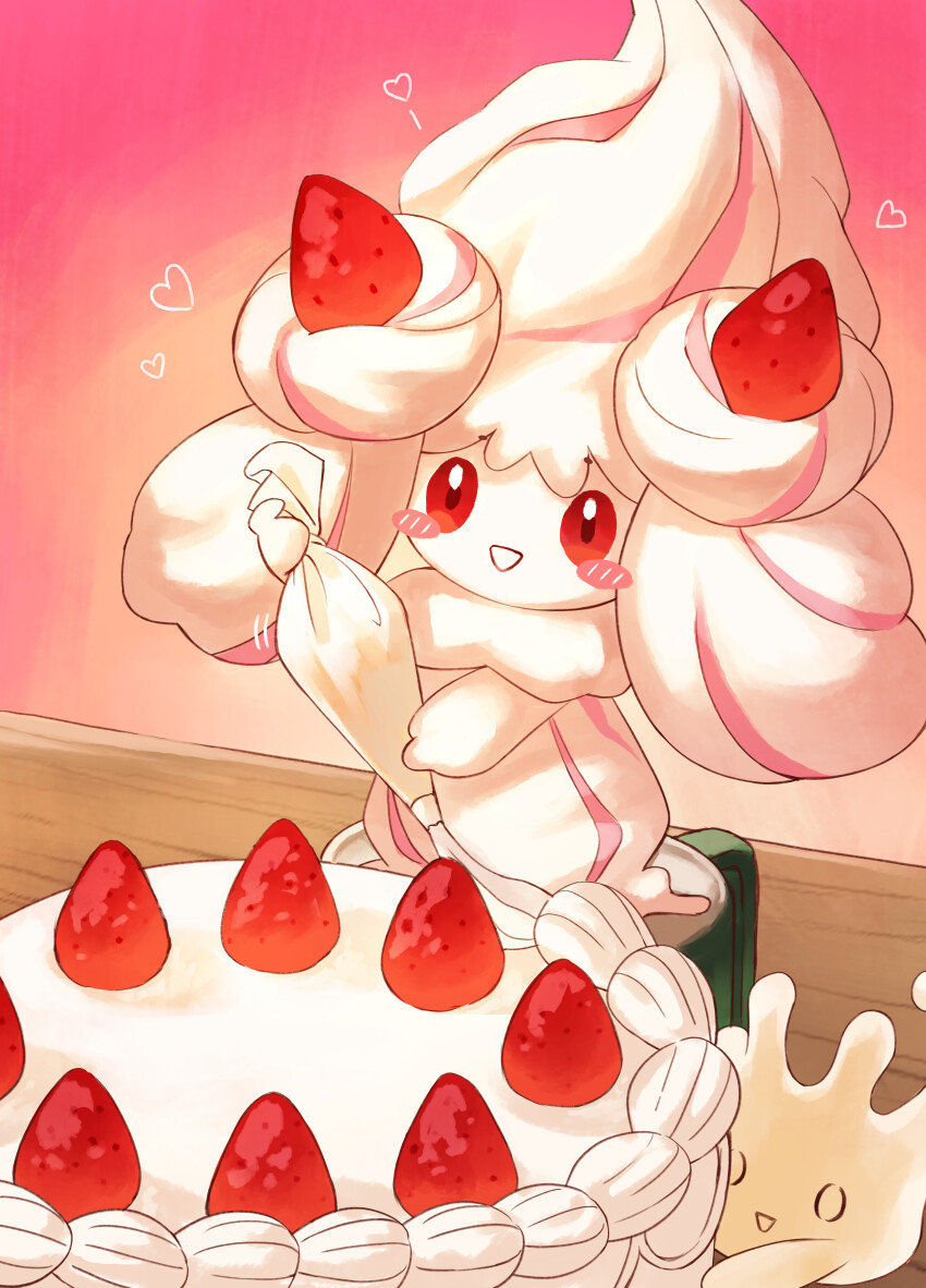 1girl absurdres alcremie alcremie_(ruby_swirl) alcremie_(vanilla_cream) axokim blush_stickers cake commentary_request dewlap evolutionary_line food fruit gen_8_pokemon highres holding holding_cake holding_food holding_pastry_bag icing indoors looking_at_viewer milcery nintendo pastry_bag pokemon pokemon_(creature) pokemon_focus red_eyes smile solo_focus strawberry