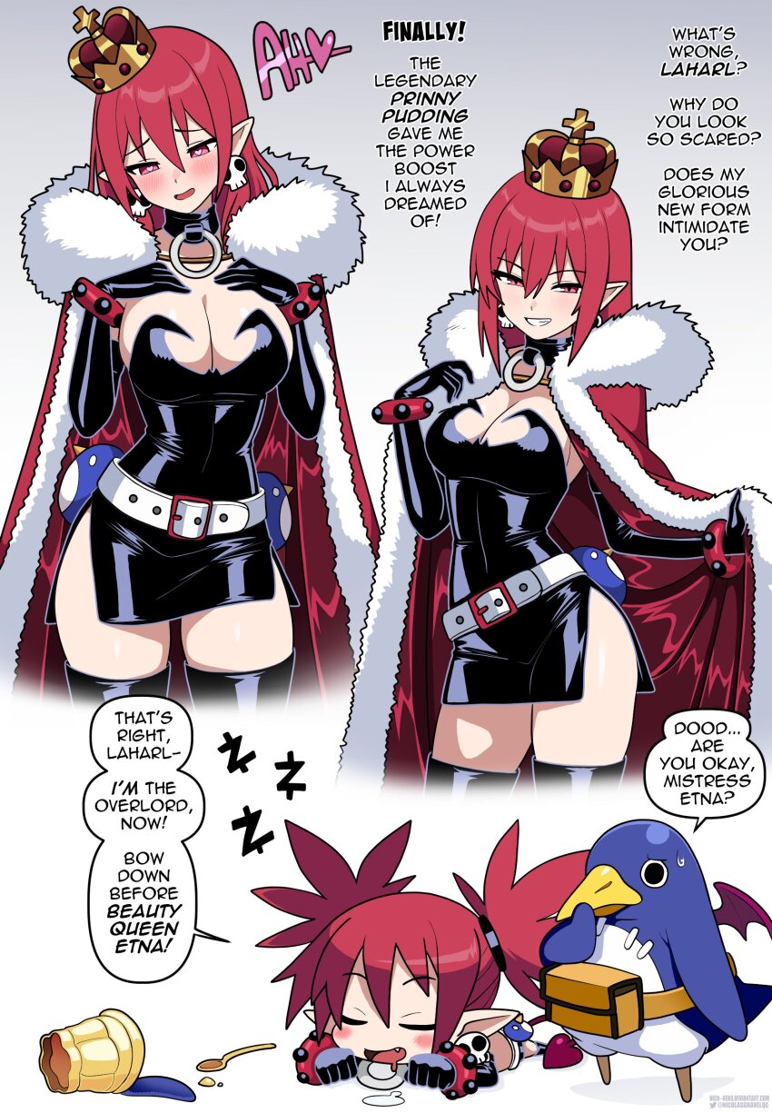 absurdres alternate_breast_size blush breasts choker cleavage cloak crown disgaea elbow_gloves etna_(disgaea) gloves hair_down highres huge_breasts leather leather_choker long_hair nico-neko pointy_ears prinny red_hair sleeping
