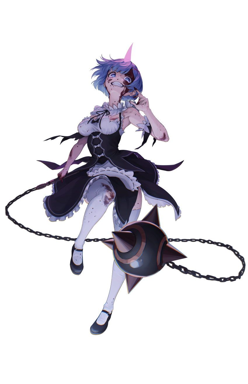 1girl absurdres ball_and_chain_(weapon) black_shoes blood blood_on_clothes blood_on_face blue_eyes blue_hair breasts clenched_teeth commentary commission detached_sleeves dress english_commentary full_body glowing_horns haedgie hair_ornament hair_ribbon hand_up highres holding holding_weapon horns injury looking_at_viewer maid mary_janes medium_breasts pink_horns pink_ribbon re:zero_kara_hajimeru_isekai_seikatsu rem_(re:zero) ribbon ribbon-trimmed_clothes ribbon_trim roswaal_mansion_maid_uniform sharp_teeth shoes short_hair simple_background single_horn solo spiked_ball_and_chain teeth thighhighs thighs torn_clothes weapon white_background white_thighhighs x_hair_ornament