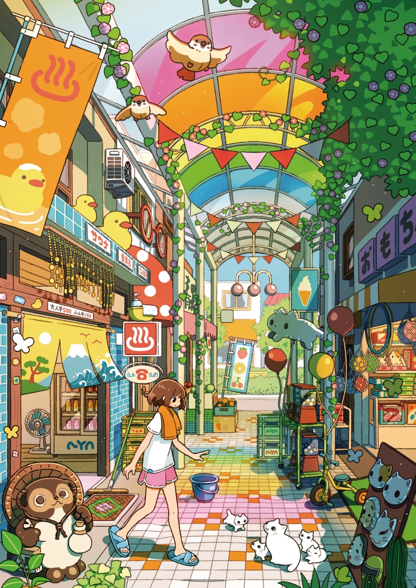 1girl absurdres animal animal_balloon awning balloon banner bird black_eyes blue_butterfly blue_sandals blush_stickers bottle box broom brown_bird brown_hair bucket bug building bunting bush butterfly cactus canopy_(shelter) cardboard_box cart cat cat_mask closed_mouth commentary_request condenser_unit crate day dolphin_shorts doormat electric_fan flip-flops flower food fox_mask fruit gashapon highres hyottoko_mask insect kitten looking_at_animal mask melon milk_bottle morning_glory net nobori noren onsen_symbol original outdoors pillar pink_flower pink_shorts plant potted_plant red_flower rubber_duck sandals shelf shirt short_hair short_shorts short_sleeves shorts skylight slice_of_life smile soap_bottle solo sparrow statue storefront t-shirt tanuki tao_(tao15102) tile_floor tiles towel towel_around_neck toy_car toy_packaging toy_store translation_request tree tricycle unworn_mask walking washbowl white_butterfly white_cat white_shirt window yellow_butterfly