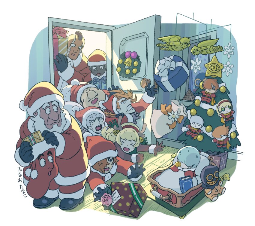 absurdres albert_heinrich blonde_hair brown_hair chang_changku christmas cyborg_009 francoise_arnoul geronimo_jr great_britain_(cyborg_009) grey_hair hat highres isaac_gilmore ivan_whisky jet_link long_hair orange_hair pyunma santa_hat shimamura_joe short_hair tanaotanako