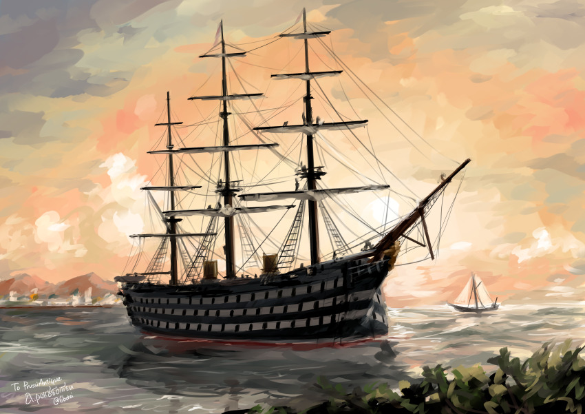 absurdres boat commission evening highres hms_victoria_(1859) mast military_vehicle no_humans ocean original rokubotei_ayagiri sailboat ship ship_of_the_line skeb_commission vehicle_focus warship watercraft