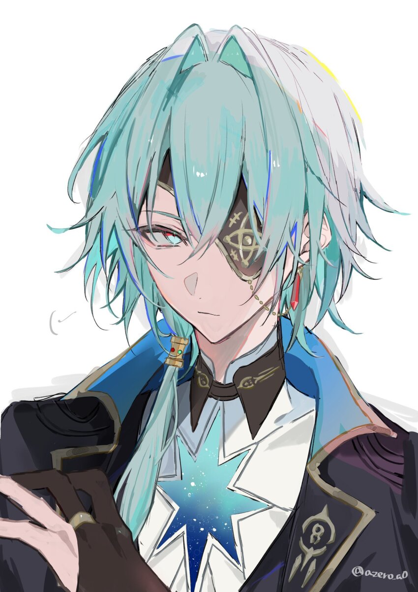 1boy anaxa_(honkai:_star_rail) aqua_hair azero_a0 black_gloves blue_eyes chain closed_mouth eyepatch gloves highres honkai:_star_rail honkai_(series) looking_at_viewer male_focus one_eye_covered partially_fingerless_gloves simple_background solo upper_body white_background