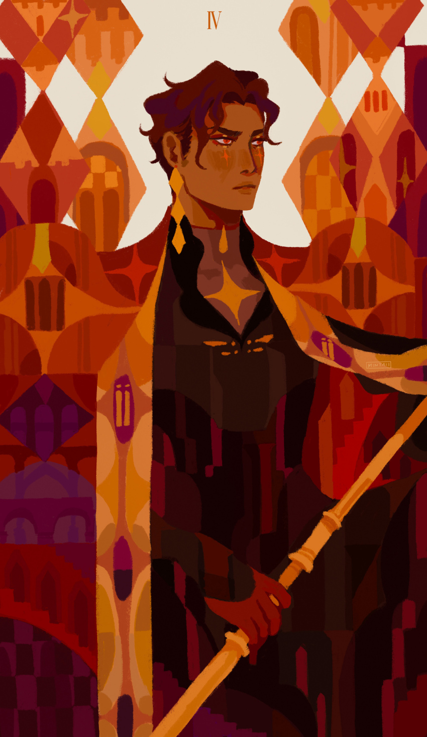 1boy absurdres analogous_colors androgynous architecture argyle_background brown_hair brown_shirt cape card_(medium) chest_markings closed_mouth collared_shirt commentary dark-skinned_male dark_skin earrings english_commentary eyeliner eyeshadow facial_mark fantasy frown gold highres holding holding_scepter jewelry long_sleeves makeup male_focus orange_background orange_trim original purple_background red_background red_cape red_eyes red_eyeshadow red_theme roman_numeral scepter shirt solo sparkle sparkle_facial_mark spearmintaii stairs tarot tarot_(medium) the_emperor_(tarot) wavy_hair white_background