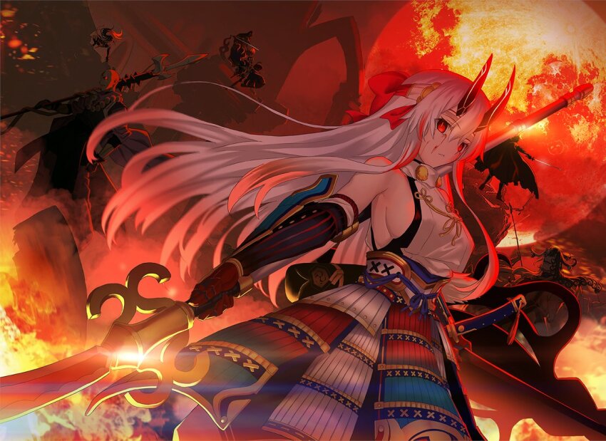 3boys 4girls amakusa_shirou_(fate) aora armor armored_dress ashiya_douman_(fate) bare_shoulders blood blood_on_face bow breasts dress elbow_gloves fate/grand_order fate_(series) fire full_moon gloves hair_between_eyes hair_bow horns houzouin_inshun_(fate) japanese_armor kote kusazuri large_breasts long_hair looking_at_viewer minamoto_no_raikou_(fate) mochizuki_chiyome_(fate) moon multiple_boys multiple_girls naginata polearm red_bow red_eyes red_gloves red_horns shuten_douji_(fate) sidelocks solo_focus tomoe_gozen_(fate) weapon white_dress white_hair