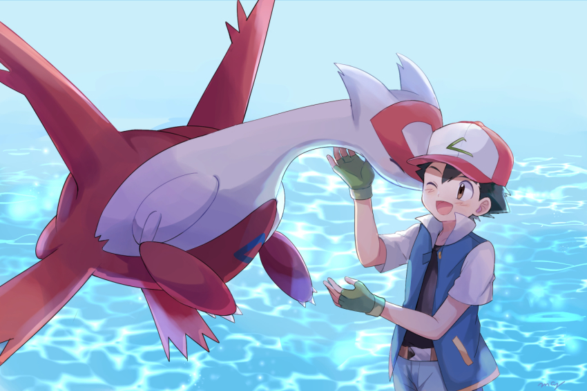 1boy 1girl ash_ketchum bad_id bad_pixiv_id baseball_cap belt black_hair blue_jacket blue_legwear denim fingerless_gloves flying gen_3_pokemon gloves green_gloves hat jacket jeans latias legendary_pokemon mei_(maysroom) nintendo nuzzle ocean one_eye_closed pants pokemon pokemon_(anime) pokemon_(classic_anime) pokemon_(creature) pokemon_heroes:_latios_&amp;_latias reflection reflective_water spiked_hair sunlight