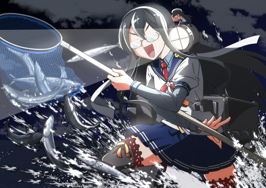 2girls absurdres black_hair blue_sailor_collar blue_shirt blue_skirt cloud collared_shirt fairy_(kancolle) fish glasses hair_between_eyes hairband hand_net highres hip_vent huge_filesize kantai_collection kuroyaki_soba long_hair long_sleeves machinery multiple_girls necktie net night night_sky ocean ooyodo_(kancolle) open_mouth outdoors pleated_skirt puffy_short_sleeves puffy_sleeves red_neckwear rigging sailor_collar sailor_shirt saury searchlight semi-rimless_eyewear shirt short_sleeves skirt sky smile thighhighs under-rim_eyewear water