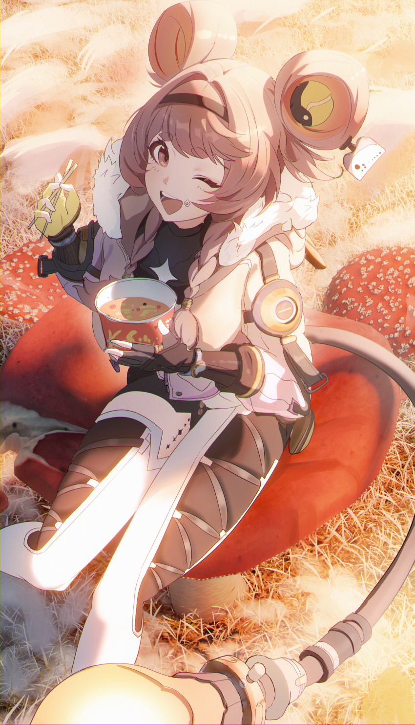 1girl absurdres asymmetrical_clothes black_gloves black_hairband black_shirt bowl breasts brown_eyes brown_hair chopsticks commentary_request cup_ramen fingerless_gloves fur-trimmed_jacket fur_trim gloves hair_intakes hairband highres holding holding_bowl holding_chopsticks jacket light_bulb looking_at_viewer lumi_(wuthering_waves) mechanical_tail one_eye_closed open_mouth outdoors pants pink_jacket shirt single_pantsleg single_thighhigh sitting small_breasts smile solo tacet_mark_(wuthering_waves) tail thick_eyebrows thighhighs thighs white_pants white_thighhighs wuthering_waves yuyiosang