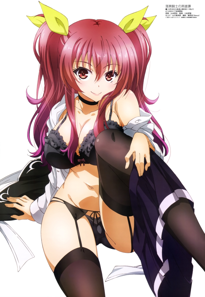 1girl absurdres bare_shoulders black_bra black_garter_belt black_garter_straps black_panties black_skirt black_socks black_thighhighs blush bow bra breasts cleavage closed_mouth collarbone collared_shirt dot_nose female_focus frilled_bra frills garter_belt garter_straps hair_bow hair_ribbon highres japanese_text large_breasts legs long_hair long_sleeves looking_at_viewer megami_magazine midriff miniskirt navel panties pink_hair pleated_skirt rakudai_kishi_no_cavalry red_eyes ribbon scan school_uniform sexually_suggestive shirt shoulder_blush simple_background sitting skirt skirt_around_one_leg smile socks solo solo_focus stella_vermillion stomach thighhighs thighs translation_request twintails underwear unworn_skirt white_background white_shirt yellow_bow yellow_ribbon