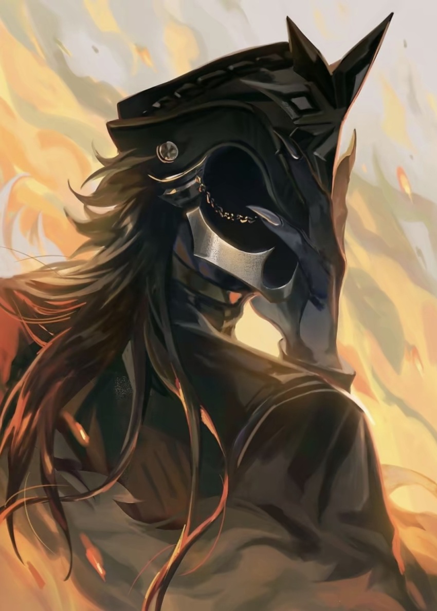 1boy black_bodysuit black_hair black_hat black_jacket bodysuit capitano_(genshin_impact) faceless genshin_impact hair_lift hat hidden highres holding holding_mask ice jacket long_hair mask