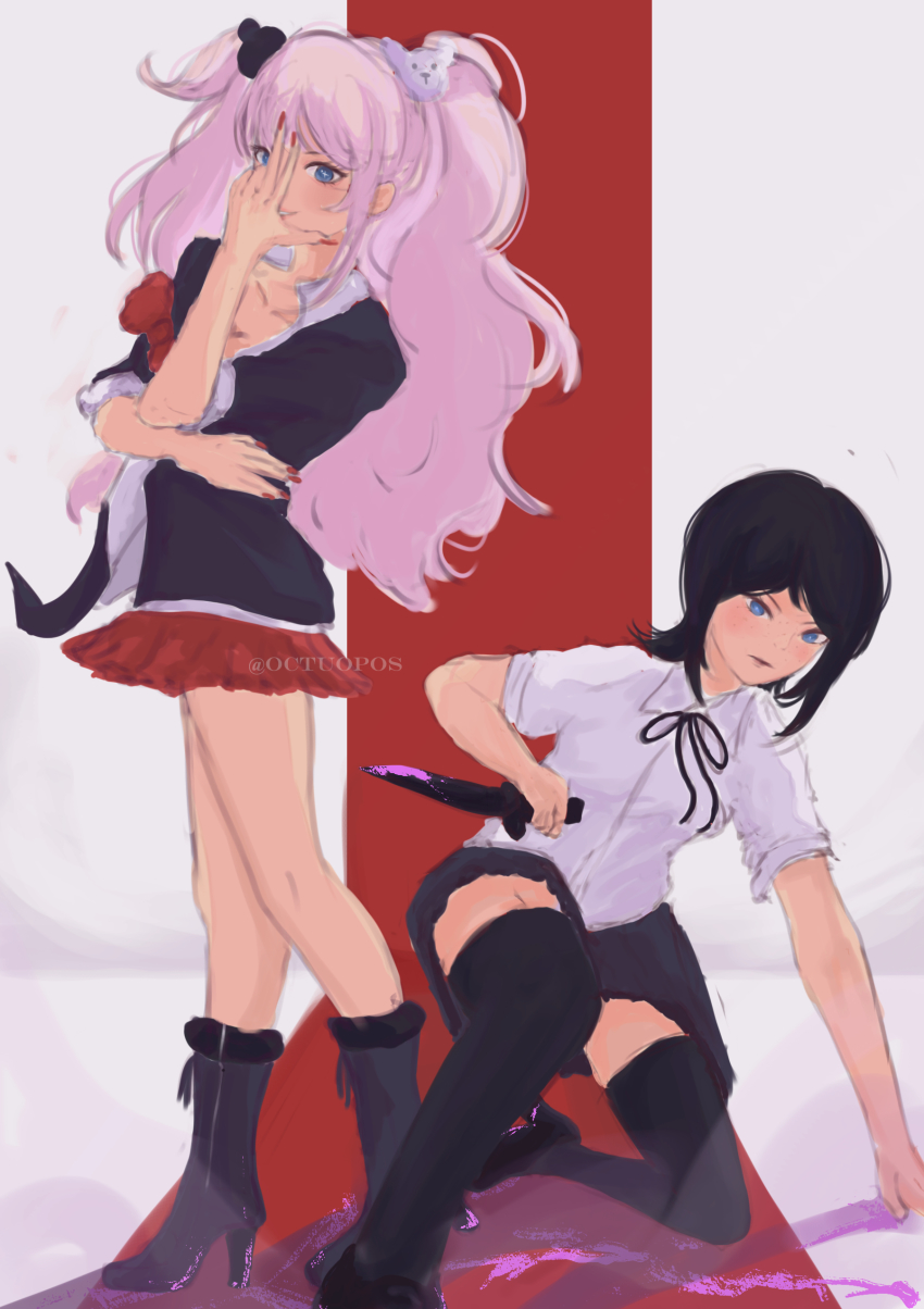 2girls absurdres artist_name bear_hair_ornament black_bow black_footwear black_hair black_legwear black_ribbon black_skirt blood blood_on_clothes blood_on_ground bloody_knife bloody_weapon blue_eyes blush bow bowtie calf_boots closed_mouth collarbone danganronpa:_trigger_happy_havoc danganronpa_(series) enoshima_junko female_focus fingernails freckles hair_ornament highres holding holding_knife holding_weapon ikusaba_mukuro jojo_pose jojo_reference knife legs long_hair looking_at_viewer medium_hair multiple_girls nail_polish neck_ribbon octuopos pink_blood pink_hair pleated_skirt red_background red_bow red_nails red_skirt ribbon shirt siblings signature simple_background sisters skirt squatting standing thighs twins twintails weapon white_background white_shirt