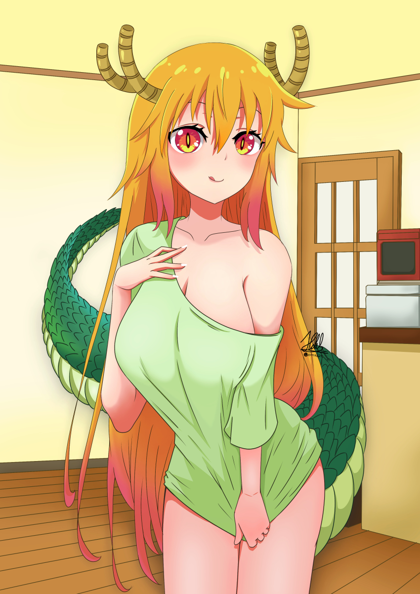 absurdres artist_name blonde_hair breasts ceiling cleavage clothes_pull collarbone dragon_girl dragon_horns dragon_tail ennsa24 eyelashes fingernails hair_between_eyes hand_over_breast highres horns indoors kitchen kobayashi-san_chi_no_maidragon large_breasts long_hair looking_at_viewer multicolored_hair oven shadow shirt shirt_pull tail tohru_(maidragon) tongue tongue_out two-tone_hair very_long_hair wooden_floor