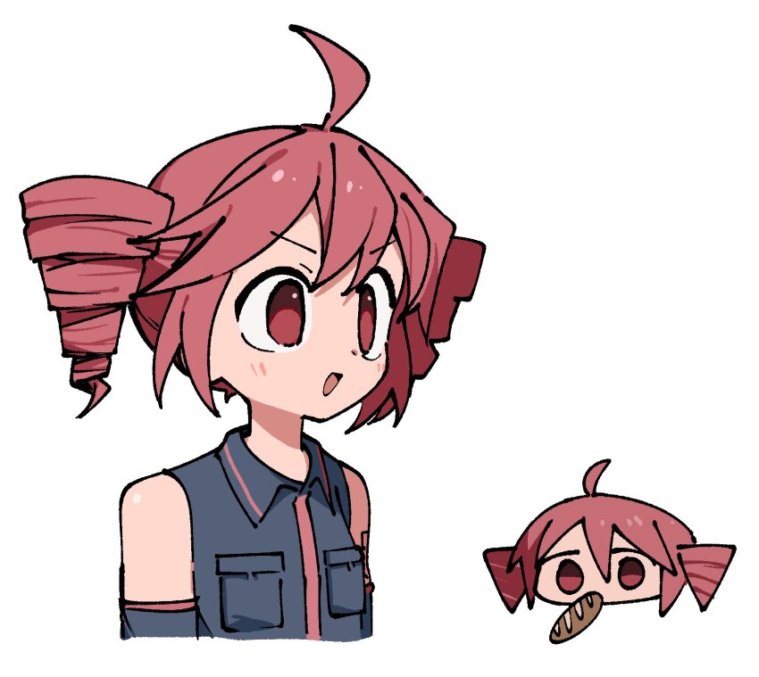 1girl ahoge bread drill_hair eating food highres kasane_teto odayaka open_mouth red_eyes red_hair shirt synthesizer_v twin_drills white_background