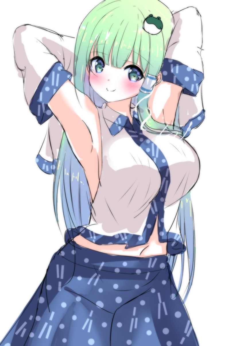 1girl absurdres armpits arms_behind_head arms_up blunt_bangs blush breasts cowboy_shot detached_sleeves floppy_sleeves frog_hair_ornament green_eyes green_hair hair_ornament hair_tubes highres kochiya_sanae large_breasts long_hair looking_at_viewer midriff navel nontraditional_miko skirt sleeves_past_fingers sleeves_past_wrists snake_hair_ornament solo tomo_(uguisu-tei) touhou very_long_hair white_background