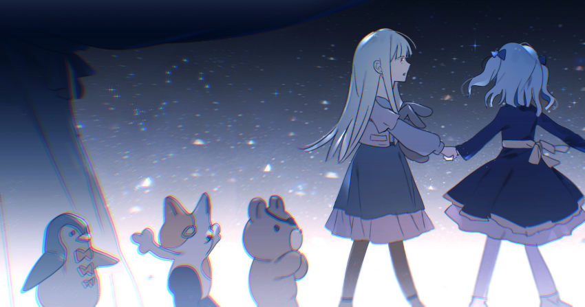 2girls bang_dream! bang_dream!_it&#039;s_mygo!!!!! blue_bow blue_dress blue_hair blue_skirt blue_sweater bow chromatic_aberration commentary dress green_hair hair_bow highres holding_hands long_hair medium_hair multiple_girls open_mouth reiboubyou skirt sky star_(sky) starry_sky sweater togawa_sakiko wakaba_mutsumi watermark yellow_eyes