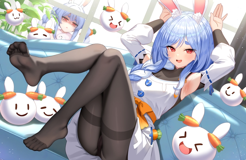 &gt;_&lt; 2girls :3 =_= absurdres animal_ear_fluff animal_ears armpits arms_up bare_shoulders black_pantyhose black_undershirt blue_hair blush braid braided_ponytail breasts cameltoe carrot_hair_ornament carrot_in_pocket couch detached_sleeves don-chan_(usada_pekora) dress feet food-themed_hair_ornament foot_up glaring hair_between_eyes hair_ornament hands_up hashtag-only_commentary highres hololive indoors knees_up large_breasts legs light_particles long_hair looking_at_another looking_at_viewer mature_female mother_and_daughter multicolored_hair multiple_girls on_couch open_mouth panties panties_under_pantyhose pantyhose parted_lips partially_shaded_face pekomama pekomon_(usada_pekora) rabbit-shaped_pupils rabbit_ears rabbit_girl rabbit_pose red_eyes short_eyebrows sitting smile soles solo_focus sunamama4788 symbol-shaped_pupils thick_eyebrows thighband_pantyhose thighs toe_seam toes twin_braids two-tone_hair underwear usada_pekora usada_pekora_(1st_costume) virtual_youtuber white_dress white_hair white_sleeves window