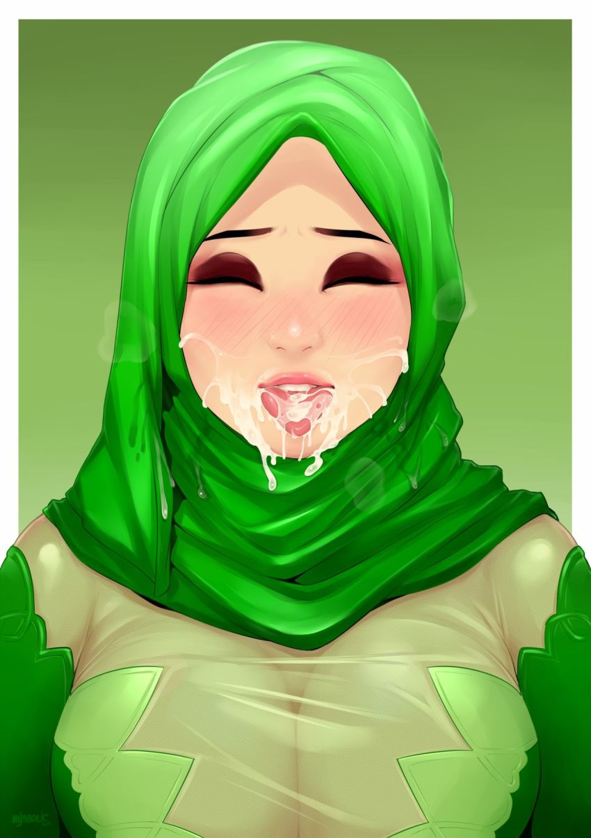 1girl breasts cleavage closed_eyes cum cum_in_mouth cum_on_body cum_on_tongue facial female_focus highres hijab islam large_breasts muslim nigaw see-through_cleavage see-through_clothes text_focus tongue tongue_out