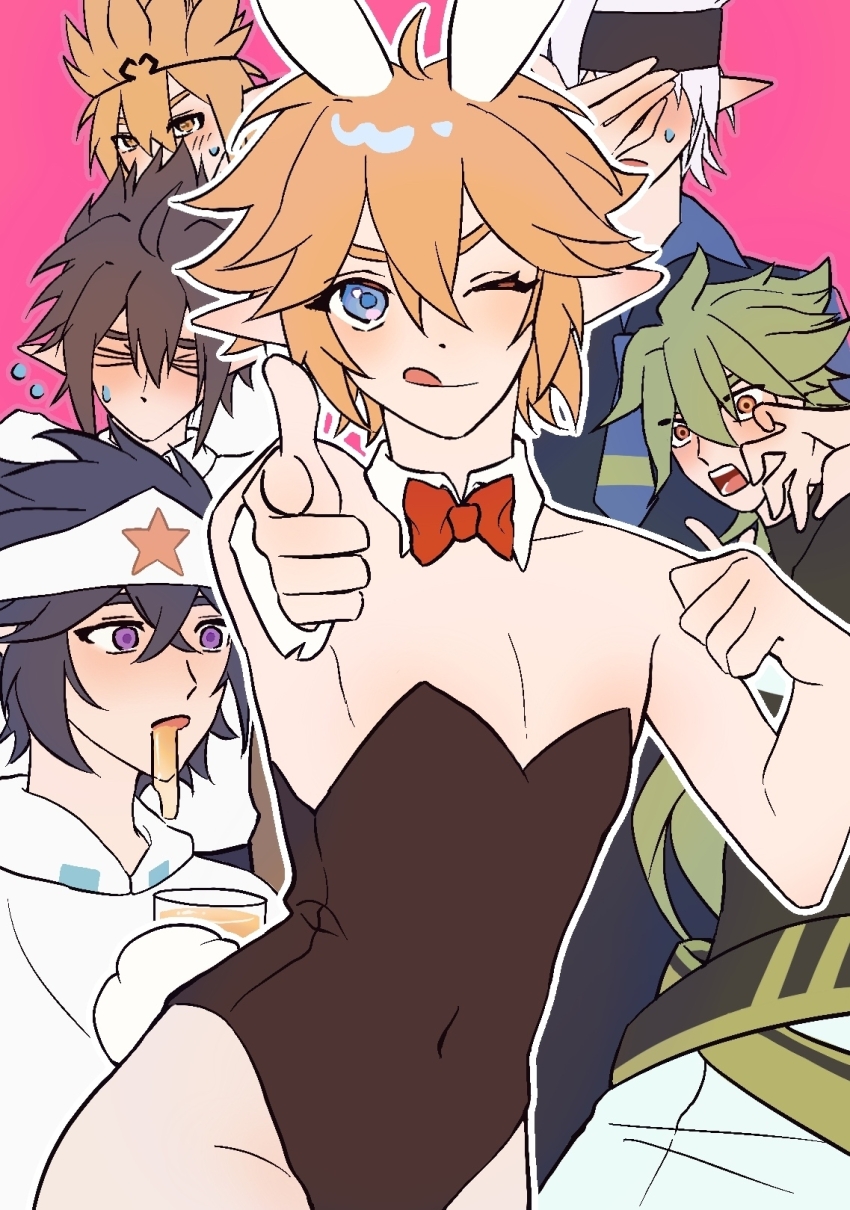 6+boys alternate_costume animal_ears anmicius aotu_world bare_arms bare_shoulders black_hair black_hairband black_headband black_leotard black_shirt black_vest blonde_hair blue_eyes blue_necktie blue_shirt blush bow bowtie brown_hair chinese_commentary closed_eyes closed_mouth collared_shirt covered_navel covering_own_eyes crossdressing cup detached_collar drooling fake_animal_ears fake_tail flying_sweatdrops godrose_(aotu_world) green_hair grey_(aotu_world) hair_between_eyes hairband hand_on_own_face hand_up headband highres holding holding_cup hood hood_down hoodie king_(aotu_world) laomotoula leotard licking_lips long_hair looking_at_viewer low_ponytail male_focus male_harem male_playboy_bunny multicolored_eyes multiple_boys necktie one_eye_closed open_mouth outline pectoral_cleavage pectorals pink_background playboy_bunny pointing pointing_at_viewer pointy_ears ponytail purple_eyes rabbit_ears rabbit_tail ray_(aotu_world) red_bow red_bowtie red_eyes shirt short_hair simple_background smile star_(symbol) star_print strapless strapless_leotard sweatdrop tail thumbs_up tongue tongue_out trap vest white_hair white_headband white_hoodie white_outline xander_(aotu_world) yaoi yellow_eyes