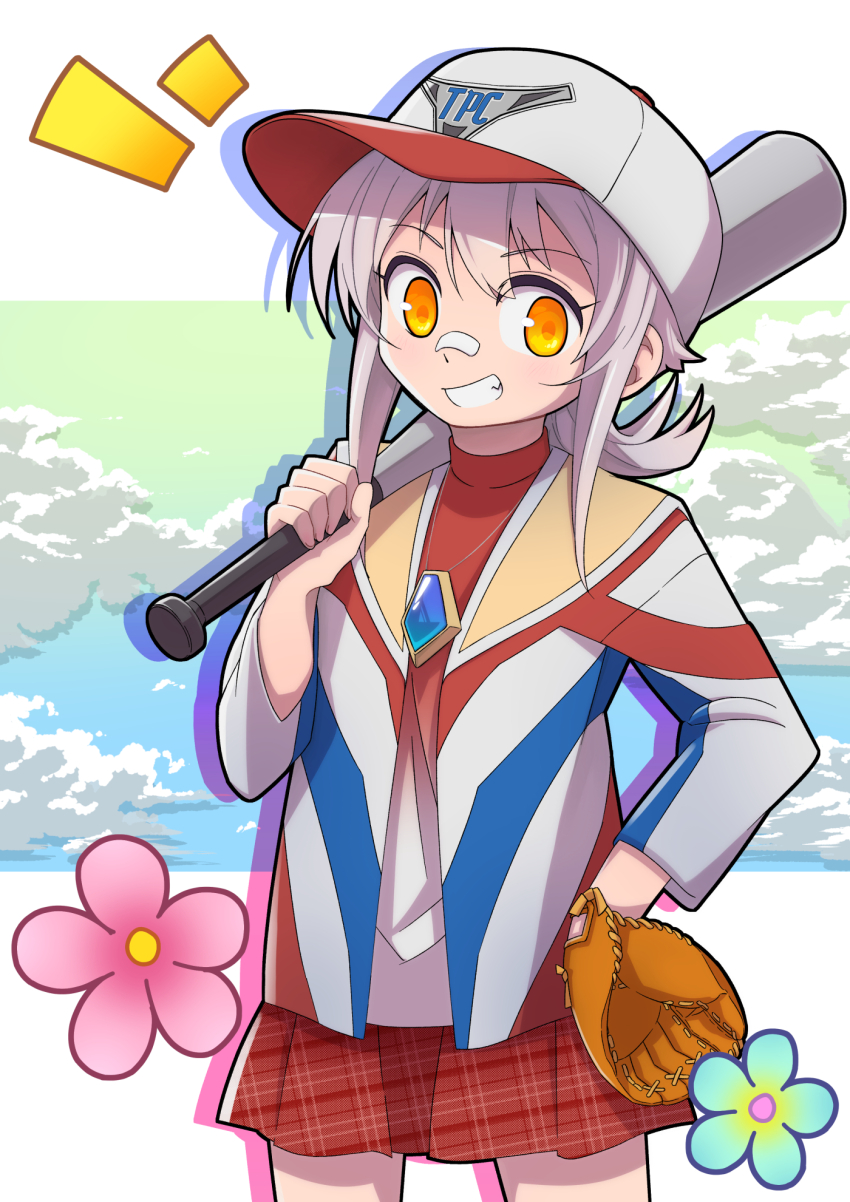 1girl baseball_bat baseball_cap baseball_glove border cloud cloudy_sky color_timer cowboy_shot feet_out_of_frame floral_background genderswap genderswap_(mtf) gradient_background grey_hair grin hair_between_eyes hand_on_own_hip hat highres hikipanda holding holding_baseball_bat jacket jewelry looking_at_viewer medium_hair multicolored_clothes necklace nose_tape notice_lines orange_eyes personification plaid_clothes plaid_skirt pleated_skirt shirt skirt sky smile sunrise two-tone_background two-tone_headwear ultra_series ultraman_dyna ultraman_dyna_(flash_type) ultraman_dyna_(series) white_border white_hat