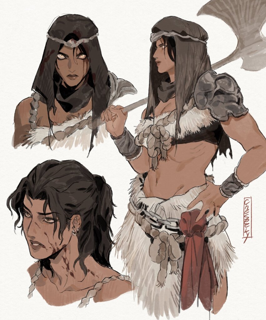 1girl armor bandeau black_hair black_lips blood blood_on_face cheseely closed_mouth collarbone dark-skinned_female dark_skin elden_ring fur-trimmed_armor fur_trim groin hand_on_own_hip highres hood hood_up looking_at_viewer midriff multiple_views navel nepheli_loux over_shoulder pauldrons ponytail ribs shoulder_armor simple_background single_pauldron solo_focus straight-on weapon weapon_over_shoulder white_background yellow_eyes