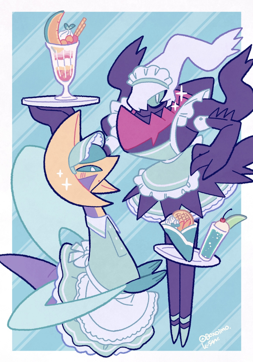 apron boxoimo bright_pupils cherry colored_sclera commentary_request cresselia darkrai dress food fruit full_body gen_4_pokemon green_apron green_dress green_footwear green_sclera hand_on_own_hip highres holding holding_tray ice_cream ice_cream_float legendary_pokemon maid maid_apron maid_headdress mythical_pokemon nintendo no_humans parfait partial_commentary pokemon pokemon_(creature) sparkle telekinesis tray twitter_username variant_set wafer_stick waffle white_pupils