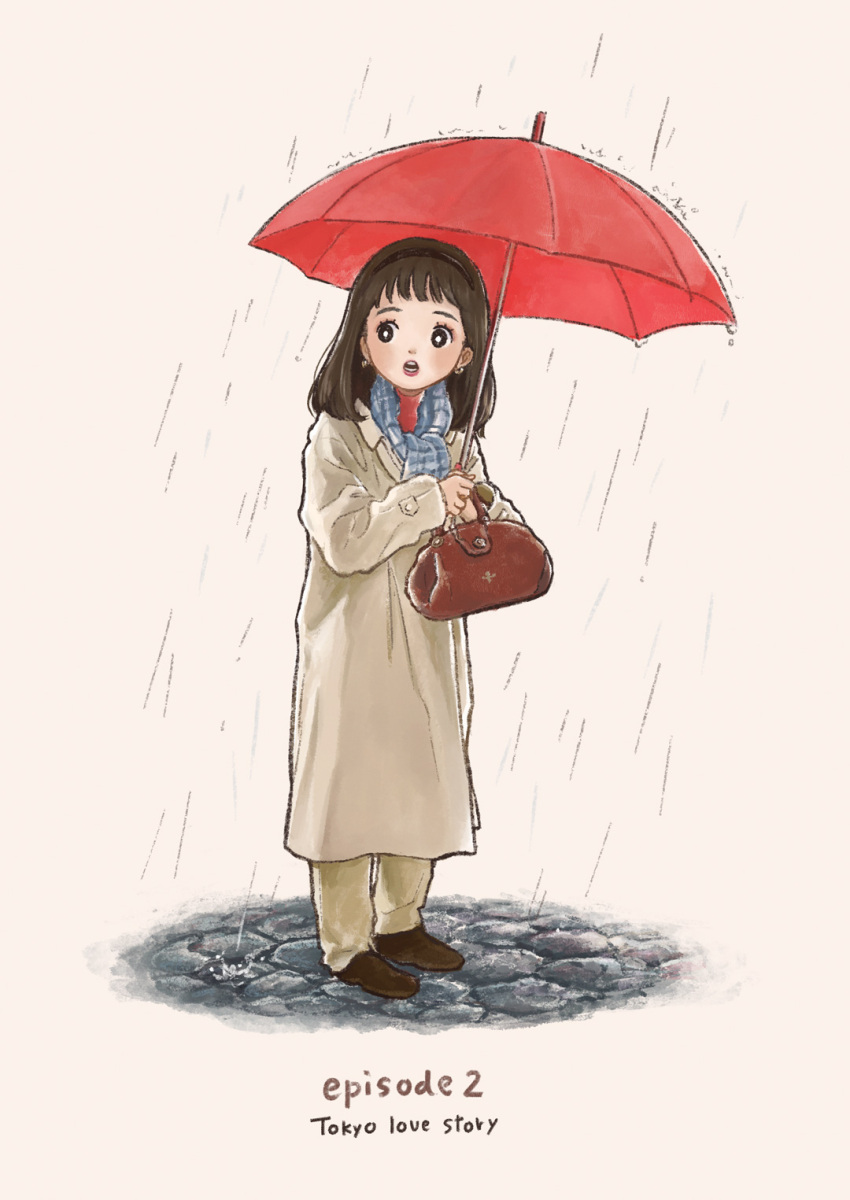 1girl :o akana_rika bag black_eyes black_hair black_hairband blue_scarf bright_pupils brown_bag brown_footwear coat cobblestone copyright_name earrings english_text episode_number full_body hairband handbag highres holding holding_bag holding_umbrella jewelry lips long_sleeves looking_to_the_side medium_hair open_mouth pants rain red_umbrella scarf simple_background solo standing teeth tokoyu tokyo_love_story umbrella white_background