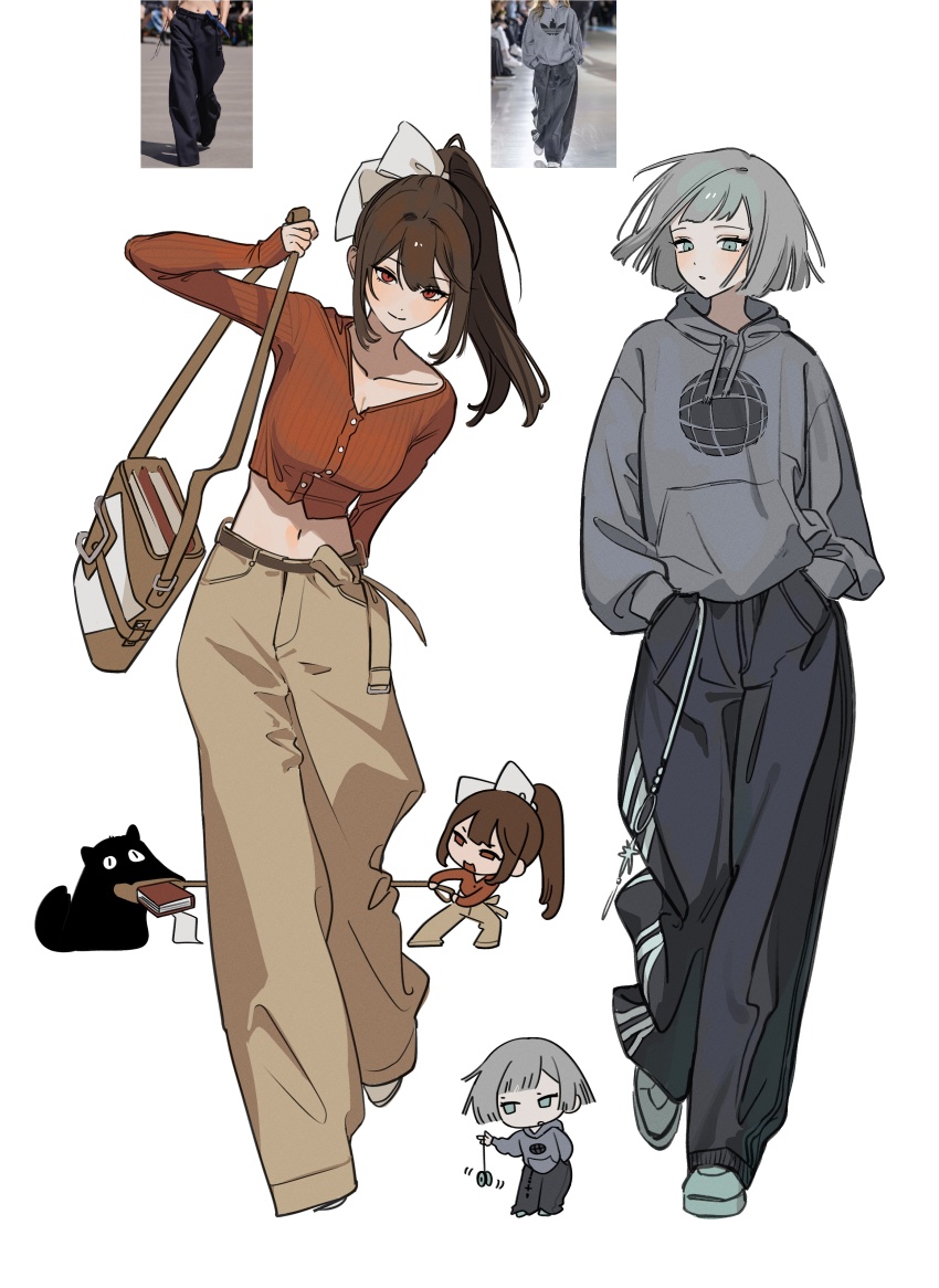 2girls absurdres aqua_eyes aqua_shoes bag black_pants breasts brown_hair brown_pants cardigan chibi chibi_inset cleavage commentary cropped_cardigan full_body grey_hair grey_hoodie hands_in_pockets high_ponytail highres holding holding_bag hood hood_down hoodie loose_pants mercuria_(reverse:1999) midriff multiple_girls pants photo-referenced ponytail red_cardigan red_eyes reference_inset reverse:1999 semmelweis_(reverse:1999) shoes sweatpants szztzzs v-neck yo-yo