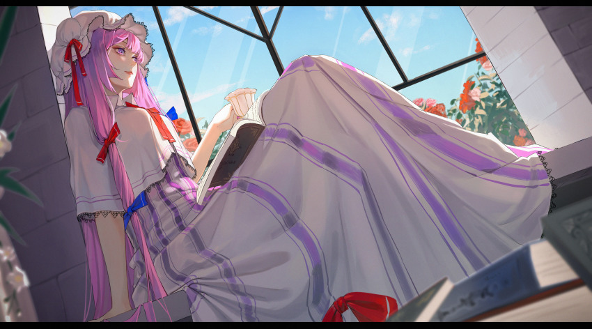 1girl arm_at_side arm_support blue_eyes blue_ribbon blue_sky blurry book book_stack breasts capelet crescent cup day depth_of_field dress dutch_angle female_focus flower hair_ribbon hat hat_ribbon highres holding holding_cup houraisan_chouko indoors knee_up lace lace-trimmed_capelet lace-trimmed_dress lace_trim large_breasts letterboxed long_hair looking_away open_book patchouli_knowledge purple_eyes purple_hair red_flower red_lips red_neckwear red_ribbon red_rose ribbon rose running_bond sitting_in_window sky solo striped teacup touhou tress_ribbon very_long_hair white_flower window windowsill