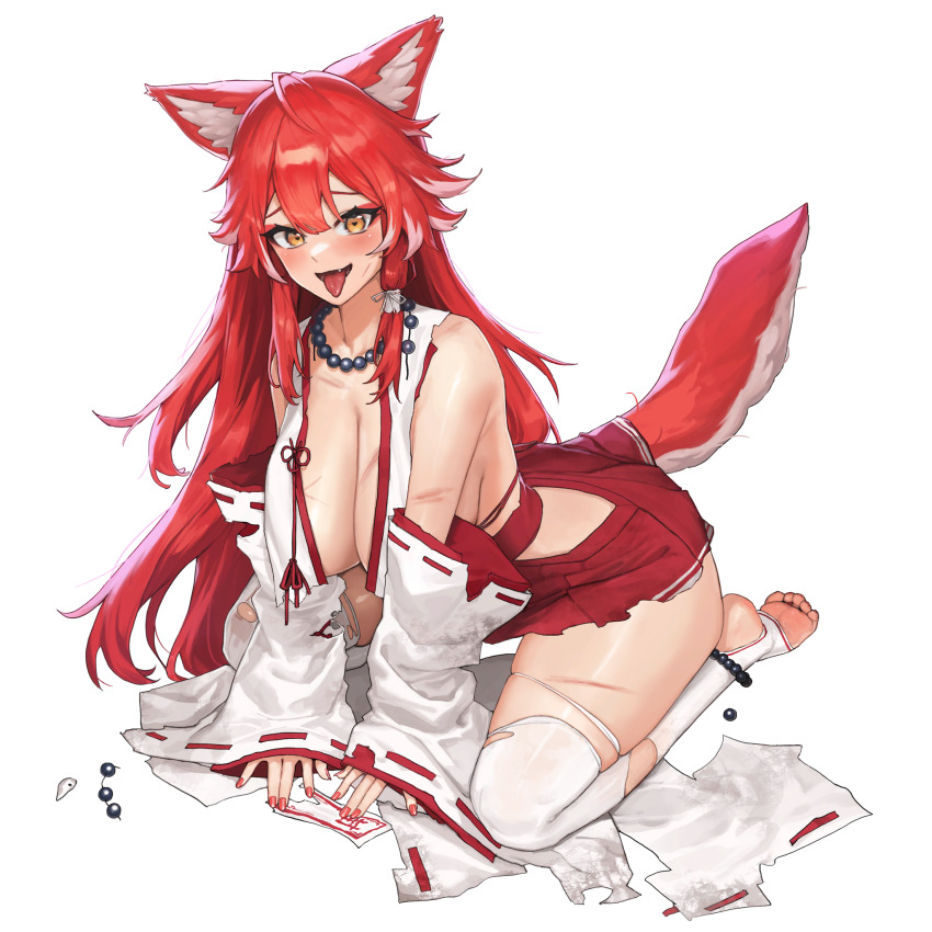 1girl ahoge animal_ear_fluff animal_ears anklet bare_shoulders battle_damage bead_necklace beads blush breasts broken_necklace cleavage defeat detached_sleeves eyeliner fangs feet fenrir_(last_origin) hands_on_ground highres huge_breasts injury japanese_clothes jewelry large_breasts last_origin long_hair long_sleeves looking_at_viewer makeup messy_hair miko nail_polish necklace nontraditional_miko official_alternate_costume official_art ofuda ofuda_removed open_mouth over-kneehighs pleated_skirt red_eyeliner red_hair red_nails red_ribbon red_skirt ribbon simple_background sitting skindentation skirt tachi-e tail thick_thighs thighhighs thighs tongue tongue_out tooth_necklace torn_clothes torn_skirt torn_sleeves torn_thighhighs transparent_background tunamayo_(dsasd751) wariza wolf_ears wolf_girl wolf_tail yellow_eyes