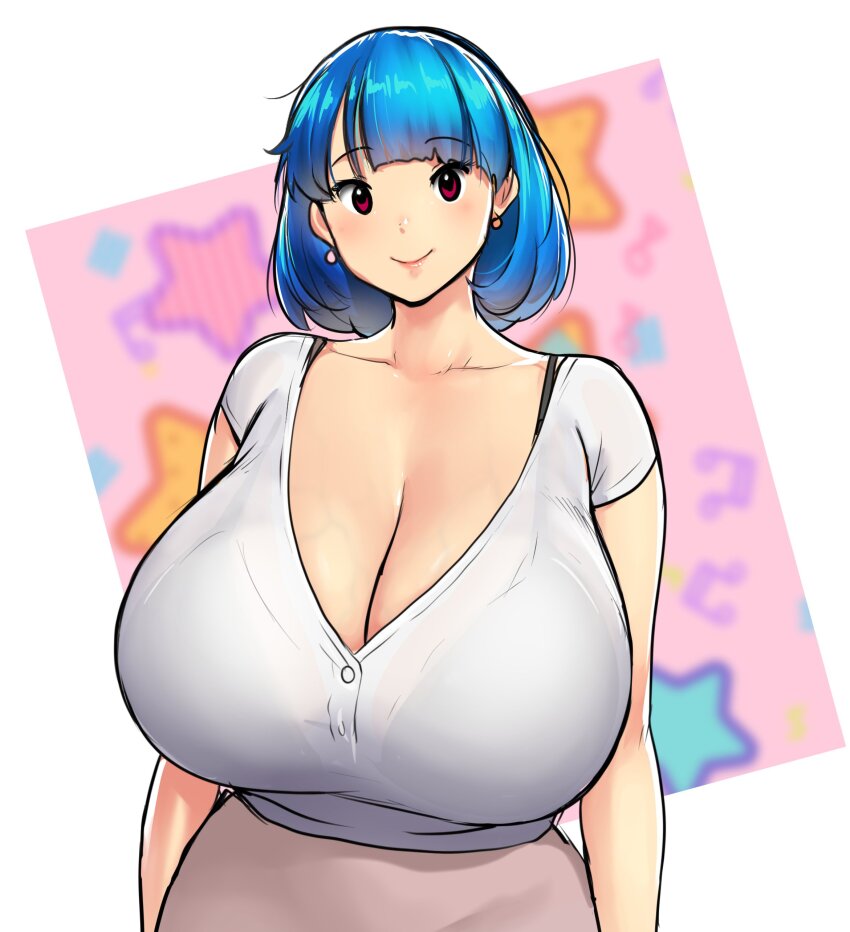 1girl absurdres black_bra blurry blurry_background bra bra_visible_through_clothes breasts cleavage earrings erkaz highres huge_breasts jewelry looking_at_viewer original purple_skirt red_eyes rina_atherina shadow shirt short_sleeves skirt smile solo star_(symbol) underwear veins veiny_breasts white_shirt
