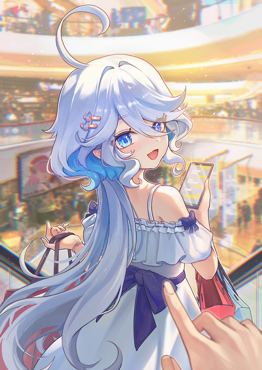 1girl 1other absurdres bag blue_bow blue_eyes blue_hair blush bow cellphone commentary_request dress escalator furina_(genshin_impact) genshin_impact hair_between_eyes hair_ornament hairclip heterochromia highres holding holding_bag holding_phone long_hair multicolored_hair open_mouth phone prana_(prana12) smartphone smile solo streaked_hair white_dress white_hair