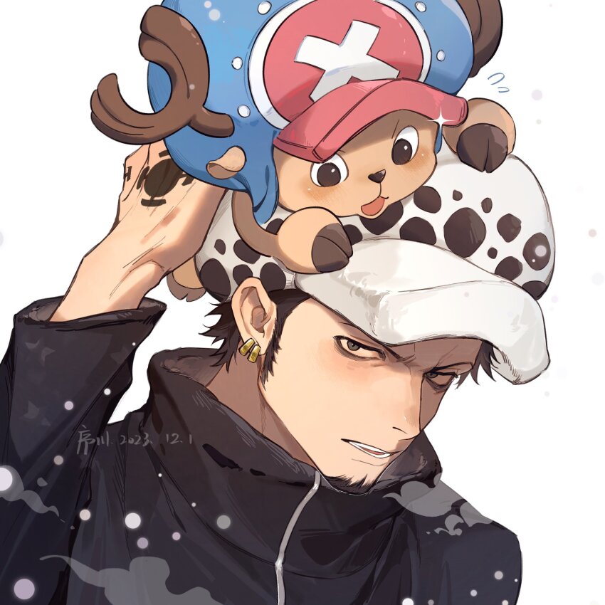 2boys animal_ears antlers black_eyes black_hair black_jacket blue_headwear blush carrying carrying_person close-up dated deer_ears earrings facial_hair furry furry_male goatee hand_tattoo hat highres hooves horns jacket jewelry multiple_boys one_piece open_mouth reindeer_antlers short_hair sideburns snow sparkle tattoo tony_tony_chopper trafalgar_law white_background x xuchuan