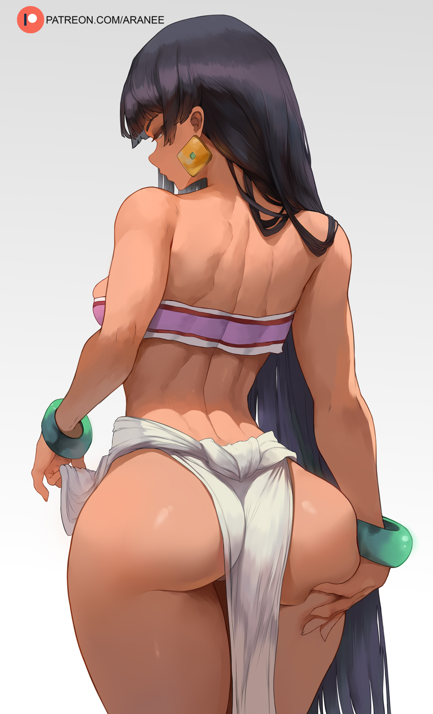 1girl absurdres araneesama ass back bare_shoulders black_hair blunt_bangs bracelet breasts brown_eyes chel_(el_dorado) dark-skinned_female dark_skin earrings highres jewelry long_hair looking_at_viewer looking_back medium_breasts pelvic_curtain pink_tube_top skirt solo strapless the_road_to_el_dorado thick_thighs thighs tube_top very_long_hair white_skirt wide_hips