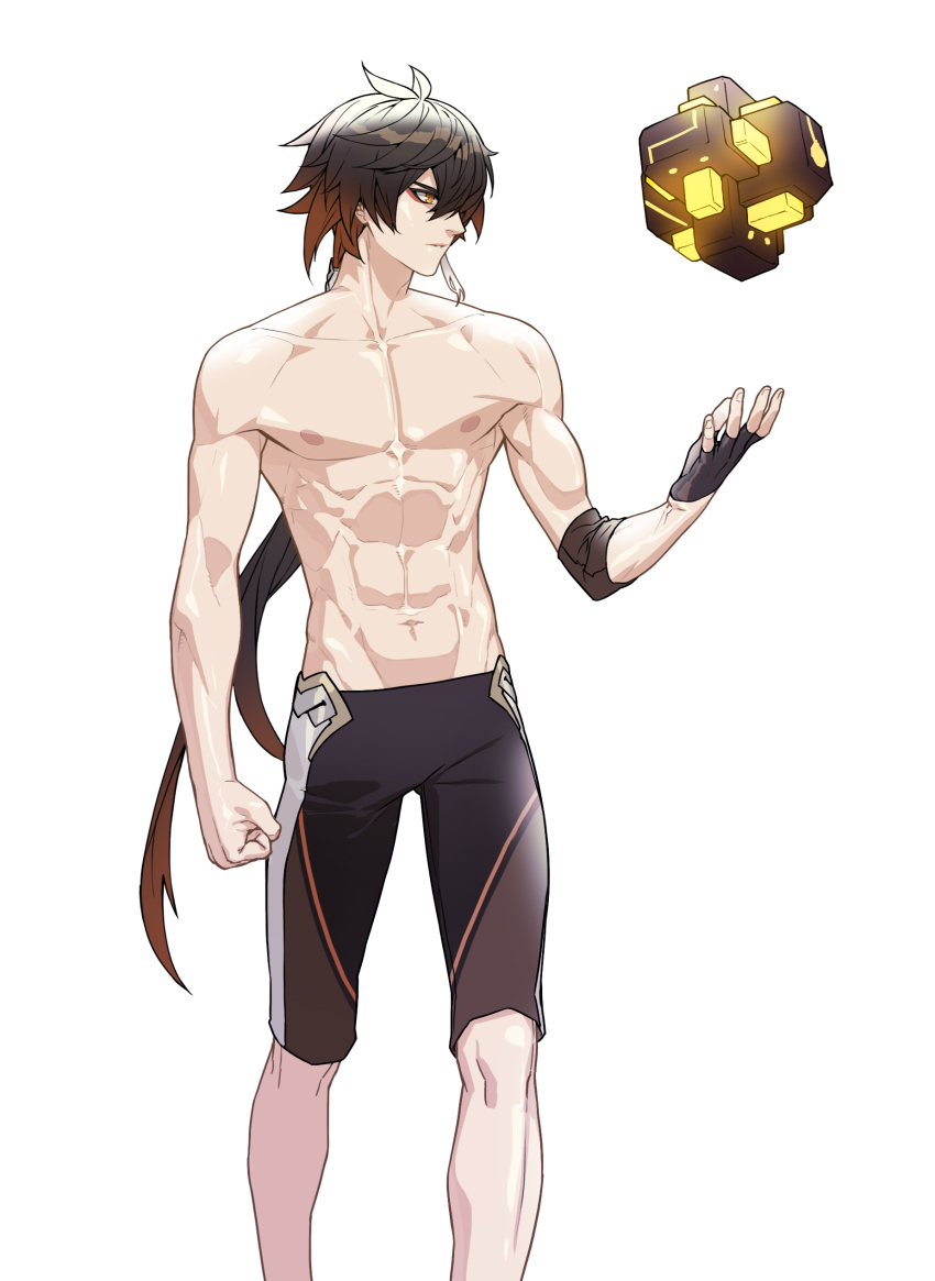 1boy abs absurdres black_gloves black_hair black_jammers black_male_swimwear brown_hair clenched_hand closed_mouth earrings feet_out_of_frame fingerless_gloves genshin_impact gloves gradient_hair hair_between_eyes haje highres jammers jewelry korean_commentary long_hair male_focus male_swimwear multicolored_hair multiple_views nipples ponytail simple_background single_earring swimsuit tassel tassel_earrings toned toned_male topless_male very_long_hair white_background zhongli_(genshin_impact)