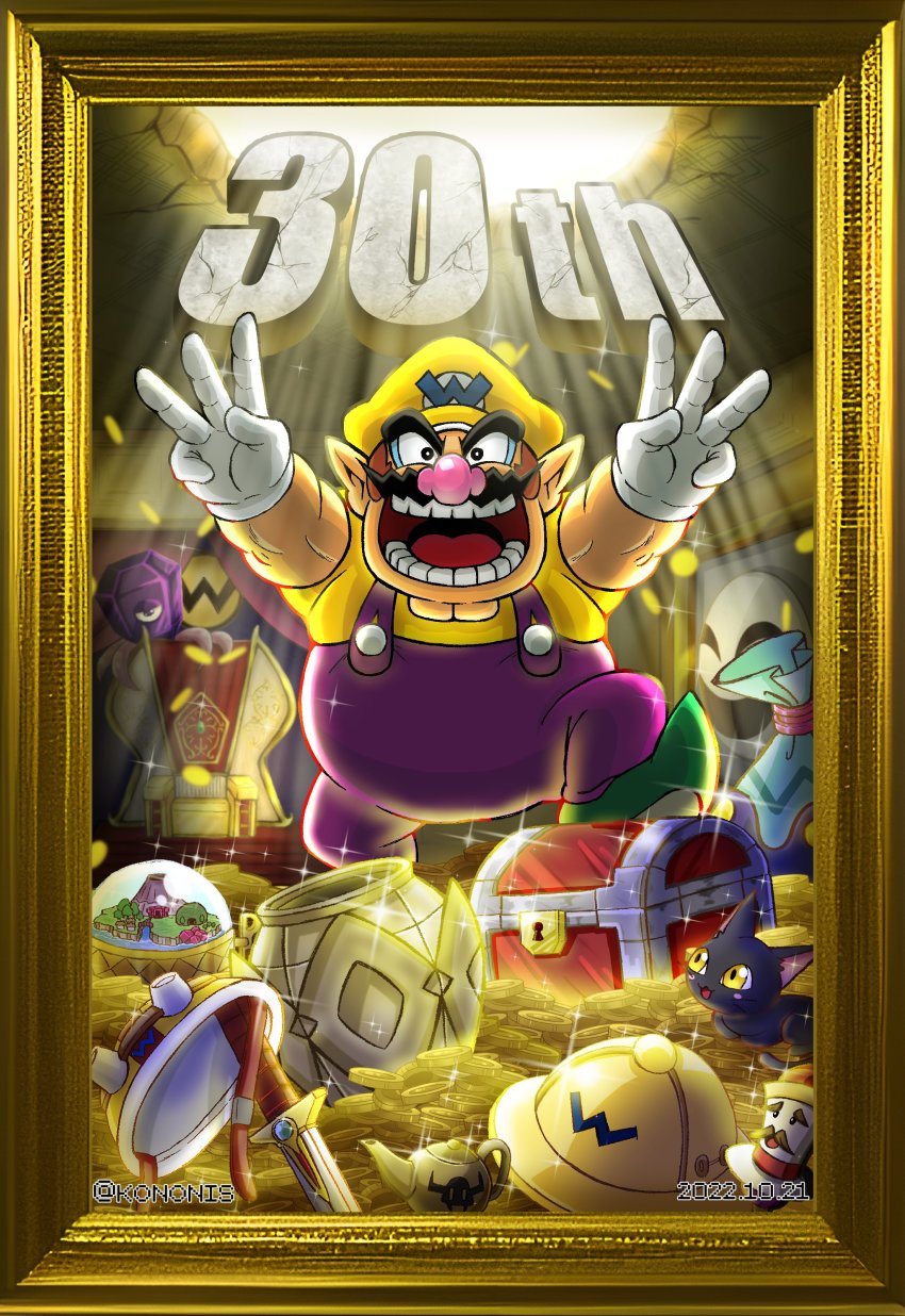 1boy :d absurdres animate_object anniversary arms_up artist_name big_nose black_cat black_cat_(wario_land) black_eyes black_jewel blush_stickers bright_pupils brown_hair buttons cat cleft_chin coin crack cracked_ceiling dated double_w face_ball facial_hair fat fat_man gem glint gloves goggles goggles_on_headwear gold_coin goodstyle green_footwear half-closed_eye hat helmet highres hole_in_ceiling indoors jar knee_up kononis light_rays looking_at_viewer mario_(series) mask middle_w muscular muscular_male music_box mustache nintendo oil_lamp one-eyed open_mouth overalls picture_frame pith_helmet pointy_ears pointy_footwear portrait_(object) purple_eyes purple_gemstone purple_overalls sack shirt short_sleeves sideburns smile sparkle standing sunbeam sunlight sword t-shirt teeth tentacles thick_eyebrows throne throne_room tongue treasure treasure_chest twitter_username unworn_hat unworn_headwear unworn_helmet virtual_boy_wario_land w wand wario wario_land wario_land:_shake_it! wario_land:_super_mario_land_3 wario_land_3 wario_land_4 wario_master_of_disguise wario_world warioware warioware:_gold weapon white_gloves white_pupils yellow_eyes yellow_headwear yellow_shirt