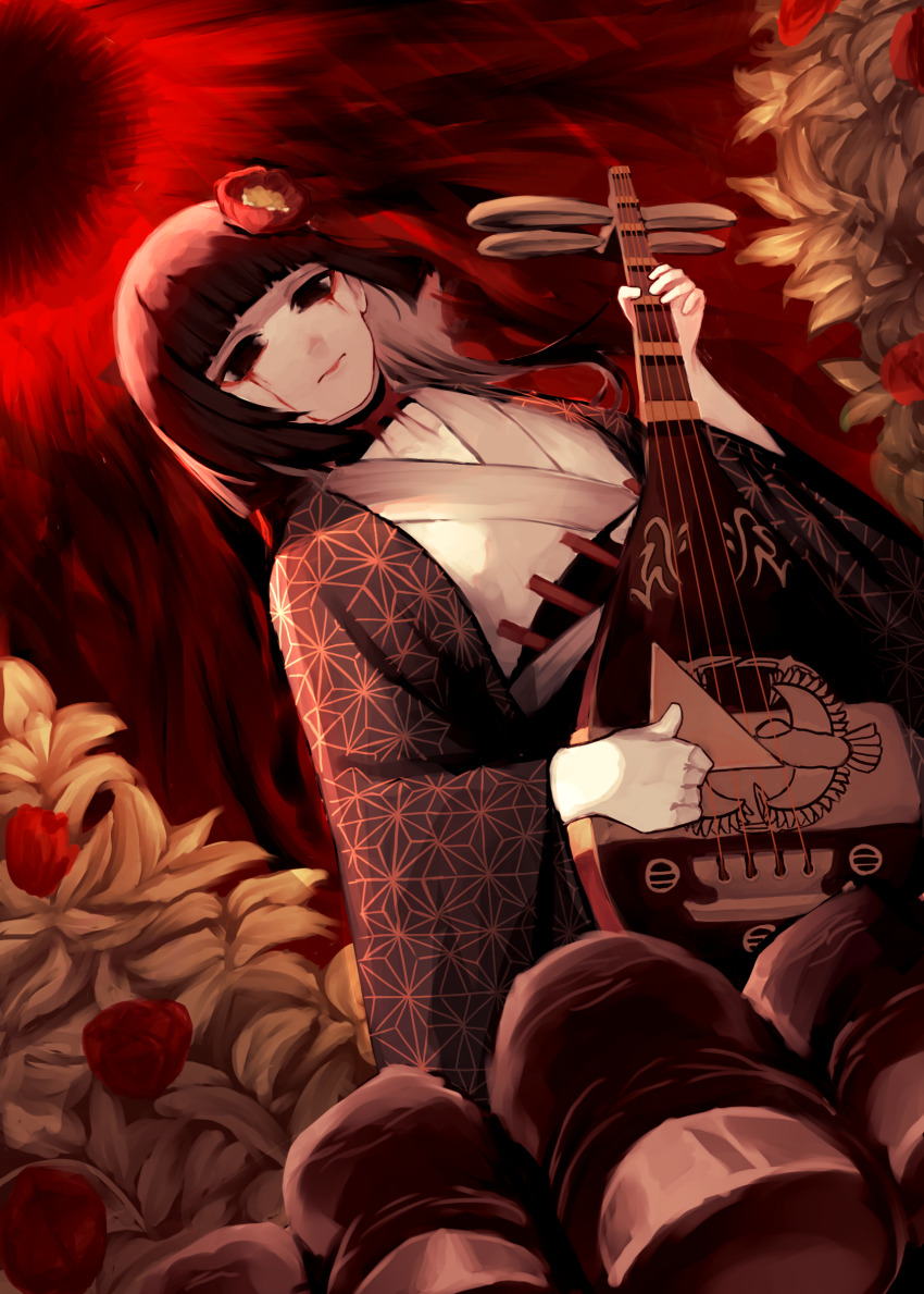 1girl absurdres biwa_lute black_eyes black_hair blood bloody_tears fate/grand_order fate_(series) flower hair_flower hair_ornament highres instrument japanese_clothes kimono komahime_(fate) long_hair lute_(instrument) music oranumu playing_instrument red_theme