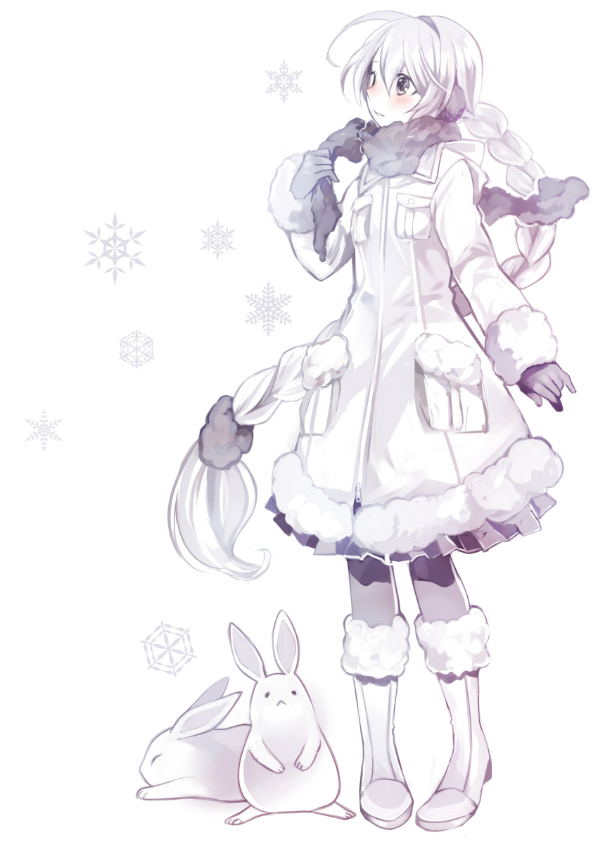 1girl animal blush boots braid coat commentary full_body fur-trimmed_boots fur-trimmed_coat fur_trim gloves grey_eyes hair_ornament hair_scrunchie hairband highres long_hair looking_up pantyhose pleated_skirt rabbit scarf scrunchie sekka_yufu skirt snowflakes solo toudou_charo utau very_long_hair white_hair