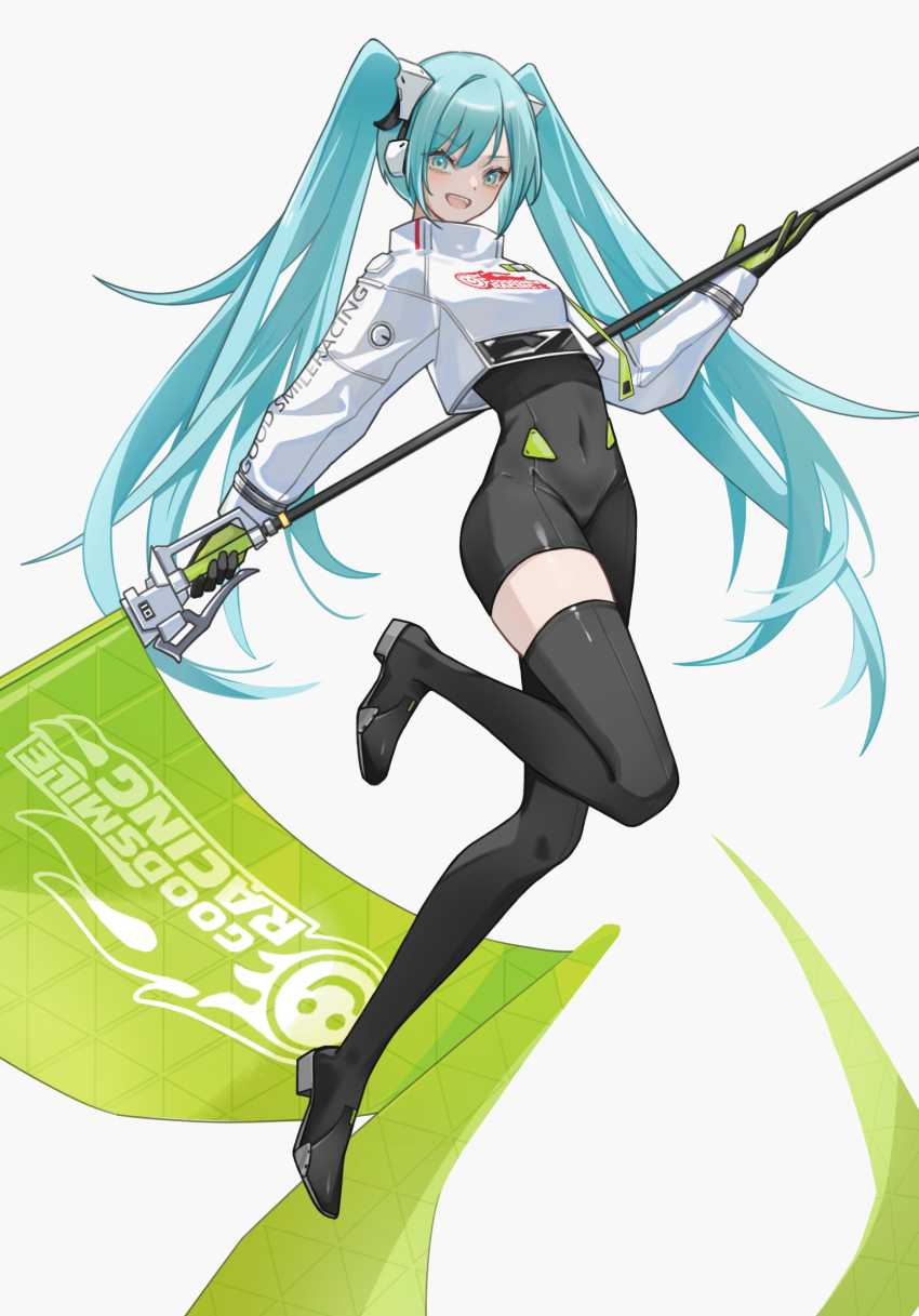 aqua_eyes aqua_hair asymmetrical_bodysuit bin1bz black_bodysuit black_boots blush bodysuit boots commentary covered_navel flag flagpole full_body goodsmile_racing hatsune_miku highres holding holding_behind_back holding_flag holding_pole knee_up long_hair looking_at_viewer open_mouth pole race_queen racing_miku racing_miku_(2022) simple_background single_leg_bodysuit teeth text_print thigh_boots twintails two-sided_gloves two-tone_gloves upper_teeth_only very_long_hair vocaloid white_background