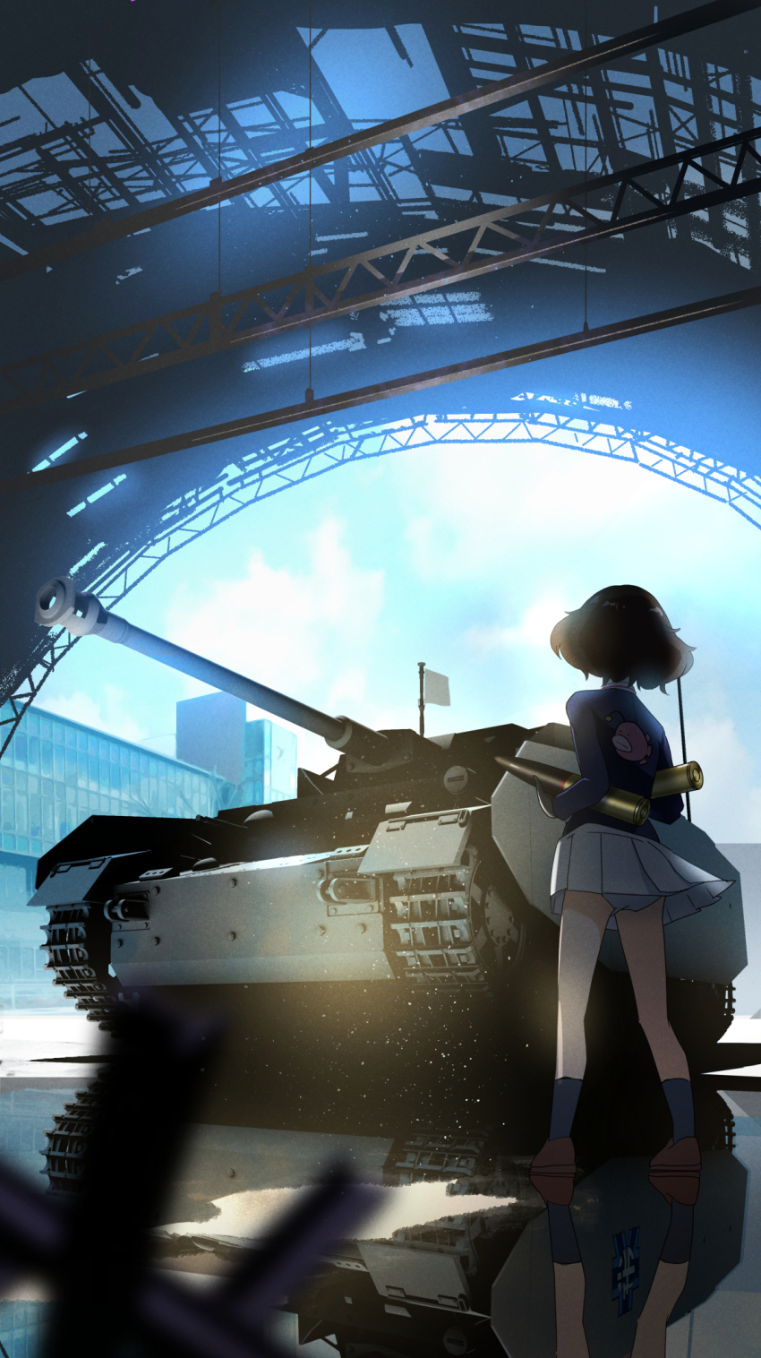 1girl akiyama_yukari anglerfish backlighting black_gloves black_shoes black_socks blackminolith_(2ne) blue_jacket blue_sky blurry blurry_foreground building commentary_request day depth_of_field emblem facing_away fish flag flag_on_vehicle girls_und_panzer gloves hangar highres holding jacket long_sleeves messy_hair military_uniform military_vehicle miniskirt motor_vehicle ooarai_military_uniform panties pantyshot panzer_iv partial_commentary pleated_skirt reflection shoes short_hair skirt sky socks solo standing tank tank_shell underwear white_flag white_skirt wind