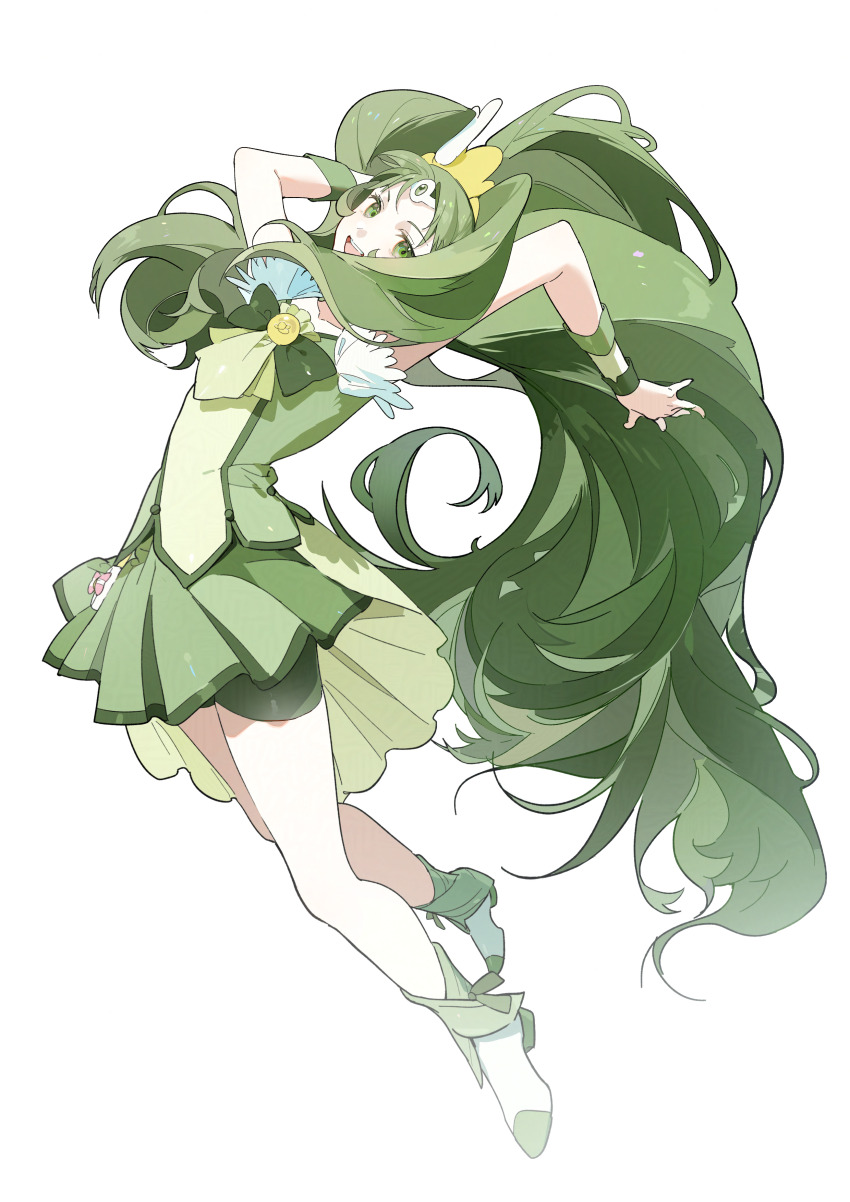 1girl absurdres ankle_cuffs arms_behind_head ascot bag_bow boots bow bowtie brooch circlet commentary_request cure_march feather-trimmed_sleeves footwear_ribbon full_body gold_tiara green_ascot green_bow green_bowtie green_eyes green_hair green_ribbon green_shirt green_shorts green_skirt green_wrist_cuffs hair_ornament happy high_heel_boots high_heels highres jewelry jumping leaning_back long_hair magical_girl midorikawa_nao miniskirt morgue_(southsakura) open_mouth pink_bow pleated_skirt precure ribbon shirt short_sleeves shorts shorts_under_skirt simple_background single_stripe skirt smile smile_precure! solo striped_bow tiara train_(clothing) very_long_hair waist_bag white_arm_warmers white_background white_bag white_boots white_sleeves wing_hair_ornament wrist_cuffs
