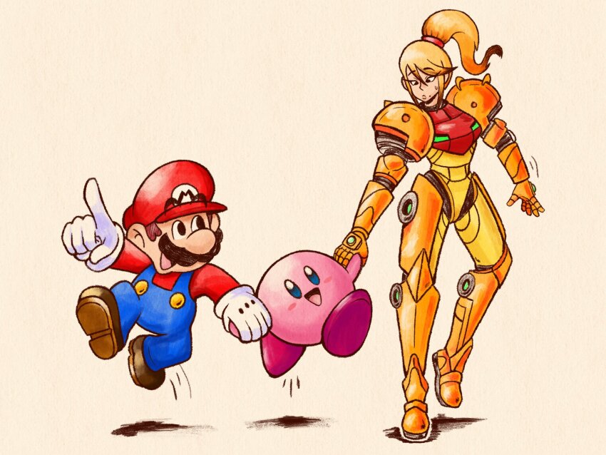 highres kirby kirby_(series) mario mario_(series) marodraws metroid nintendo samus_aran super_smash_bros. walking