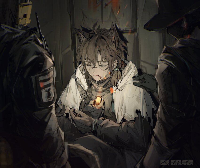 absurdres ace_(arknights) animal_ears arknights black_shirt blood blood_on_face brown_hair closed_eyes coat flute guard_(arknights) hat highres instrument ponytail qiumoyixing recorder rhodes_island_logo_(arknights) scar scar_on_face scout_(arknights) shirt short_hair spoilers tactical_clothes white_coat