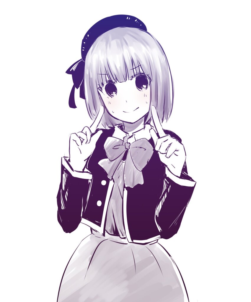 &gt;:) 1girl arima_kana beret bob_cut bow bowtie closed_mouth collared_shirt cowboy_shot dress greyscale hat highres index_fingers_raised jacket long_sleeves looking_at_viewer monochrome oshi_no_ko sankin_(_sankin510) school_uniform shirt short_hair smile solo sweat v-shaped_eyebrows youtou_high_school_uniform