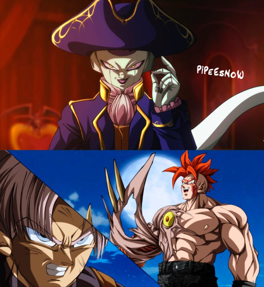 3boys android_16 angry artist_name blue_eyes clenched_butt cosplay dragon_ball final_form_frieza frieza highres jack_krauser jack_krauser_(cosplay) leon_s._kennedy leon_s._kennedy_(cosplay) male_focus multiple_boys muscular muscular_male pipeesnow ramon_salazar ramon_salazar_(cosplay) red_hair resident_evil resident_evil_4 resident_evil_4_(remake) tail trunks_(dragon_ball) trunks_(future)_(dragon_ball)