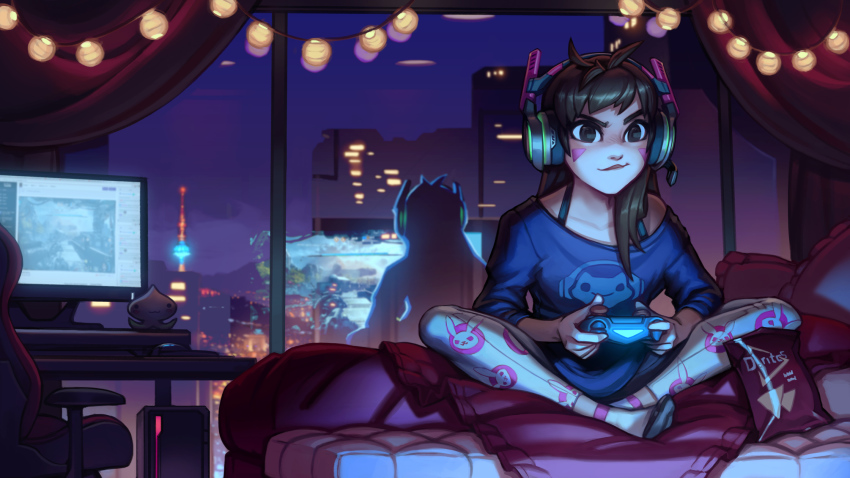 1girl animal_print bed bed_sheet brown_eyes brown_hair building case casual chair city_lights closed_mouth collarbone commentary computer_mouse controller curtains d.va_(overwatch) doritos dualshock facepaint facial_mark female_focus frilled_pillow frills frog_print game_console game_controller gamepad headphones highres holding indian_style indoors kienan_lafferty long_hair long_sleeves monitor neet night night_sky off-shoulder_shirt off_shoulder overwatch overwatch_1 pachimari pillow playing_games playstation_controller rabbit_print shirt sitting sitting_on_person sky socks solo stuffed_animal stuffed_octopus stuffed_toy tower twitch twitch.tv video_game whisker_markings window