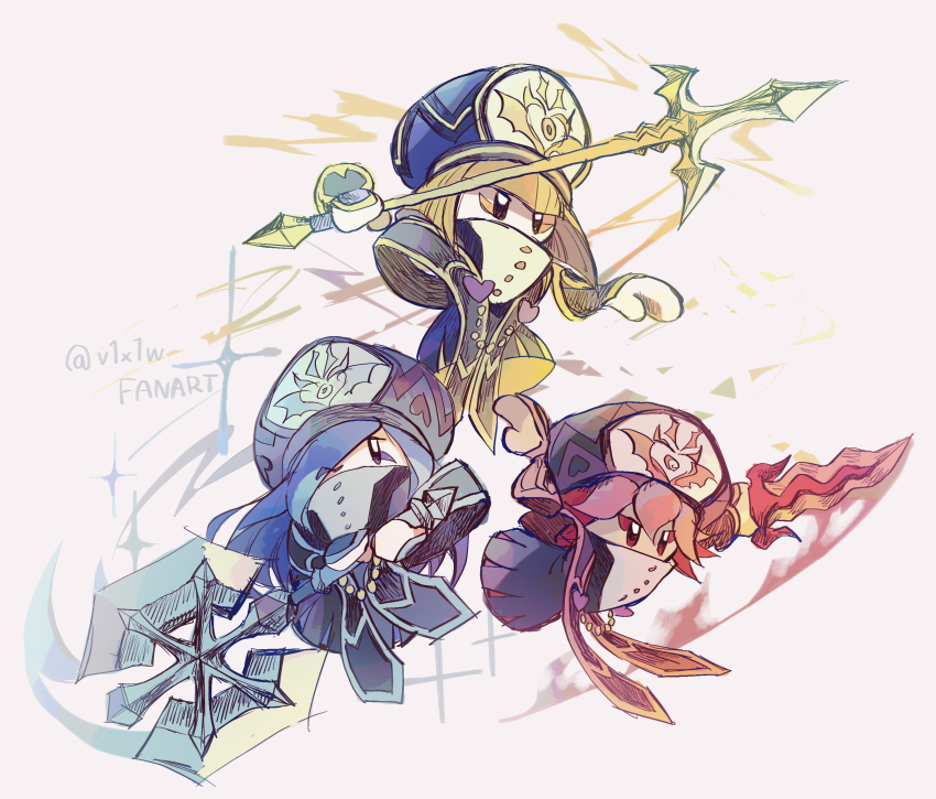 3girls axe blonde_hair blue_hair blunt_bangs electricity eyeliner fire flamberge_(kirby) francisca_(kirby) full_body gauntlets hat highres holding holding_weapon ice kirby_star_allies kirby_(series) long_hair makeup mask military_hat military_uniform multiple_girls nintendo polearm red_hair short_hair spear spiked_hair suyasuyabi sword weapon zan_partizanne