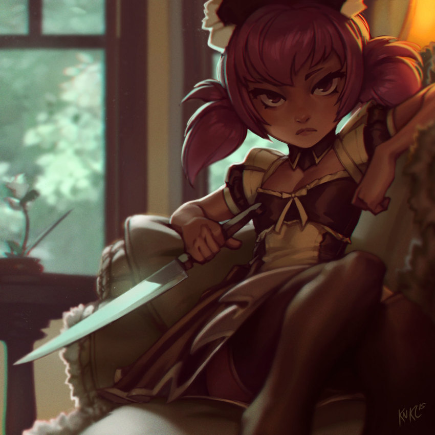 1girl :&lt; angry artist_name black_thighhighs breasts closed_mouth day detached_collar dress female_focus flower frown highres holding holding_knife ilya_kuvshinov_(style) indoors kienan_lafferty kitchen_knife knife looking_at_viewer maid maid_headdress mika_(kienan_lafferty) original parody pink_eyes pink_hair short_sleeves short_twintails sitting small_breasts solo style_parody thighhighs twintails window zettai_ryouiki